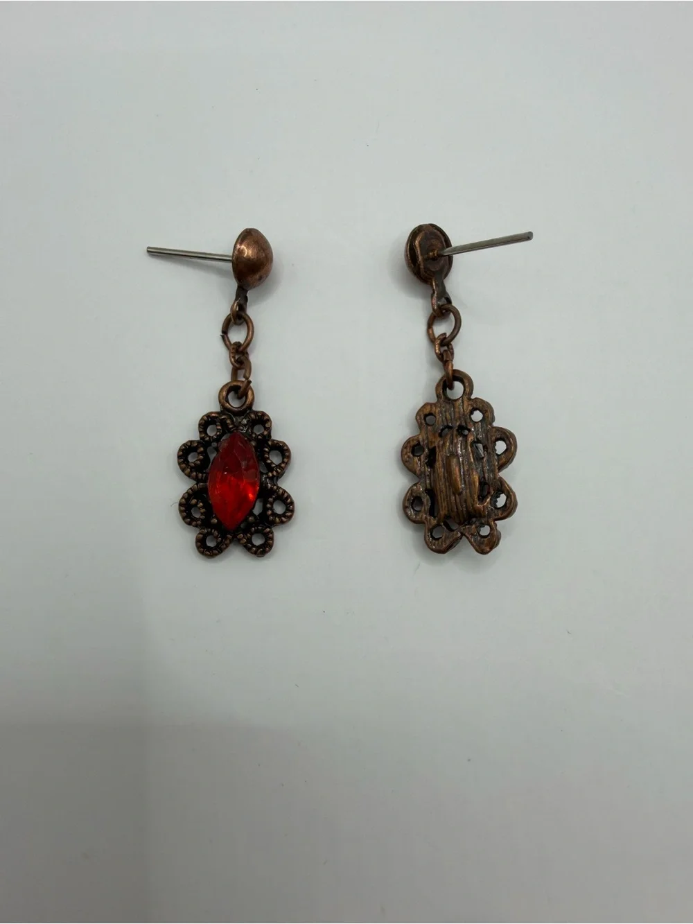 Vintage Gothic Dangle Earrings | Copper Tone Red Rhinestone Victorian Earrings